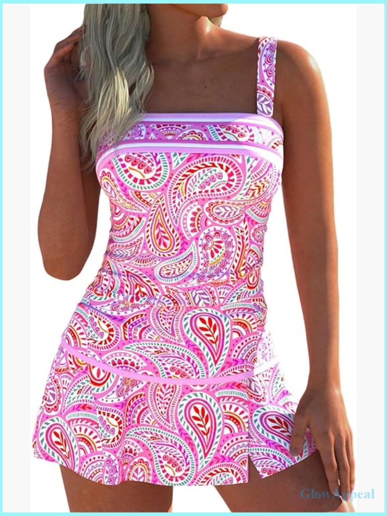 Tummy Control Tankini Set With Ruched Top And Swim Skirt M